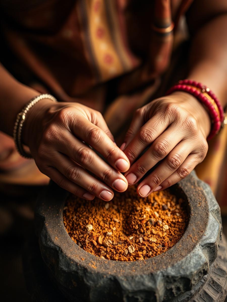 Hands grinding spices